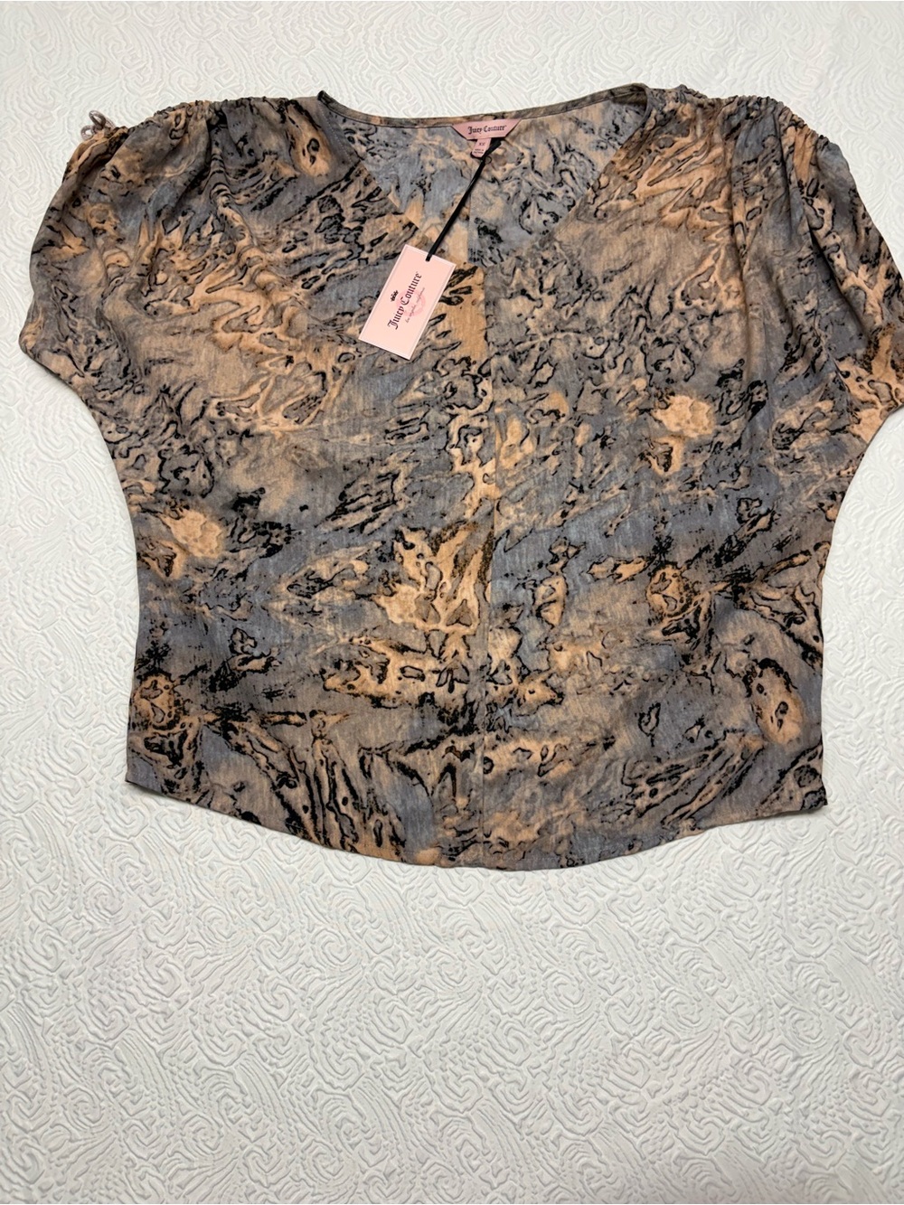 Juicy Couture Marble-Effect Short Sleeve Blouse in Gray and Tan